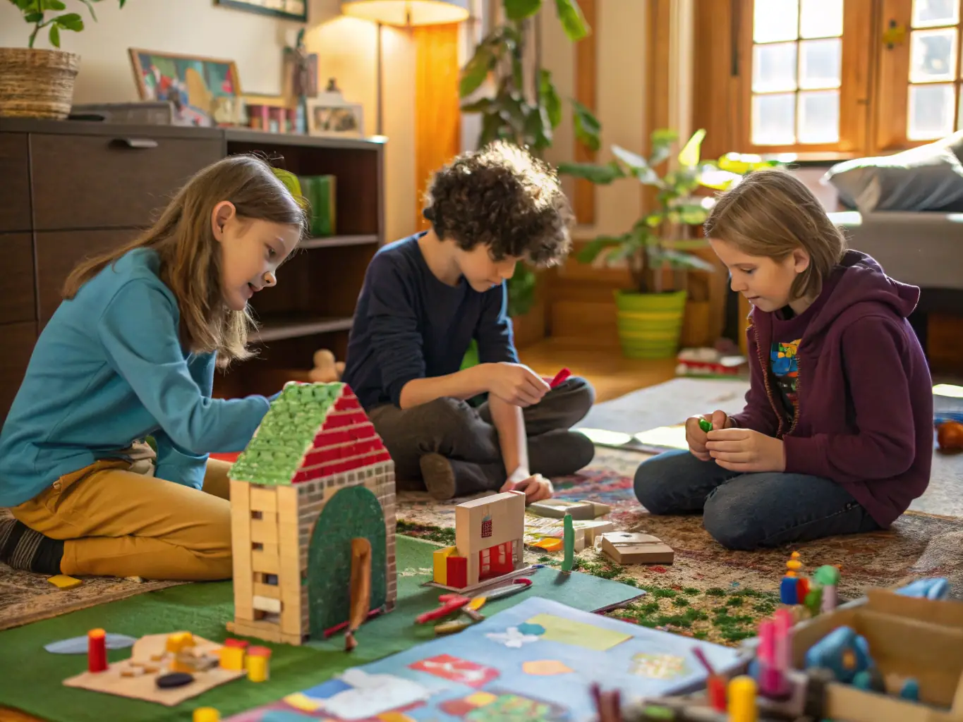 A group of children participating in a hands-on model railway building workshop, surrounded by tools and miniature train sets, with a museum instructor guiding them.