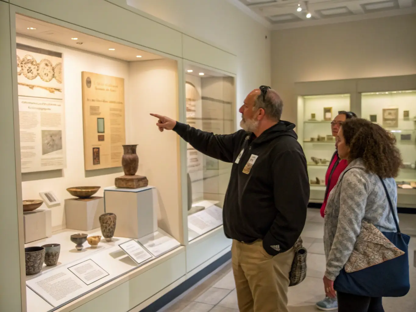 A museum guide leading a group of visitors through an exhibition of vintage railway artifacts, explaining the historical significance of each item.